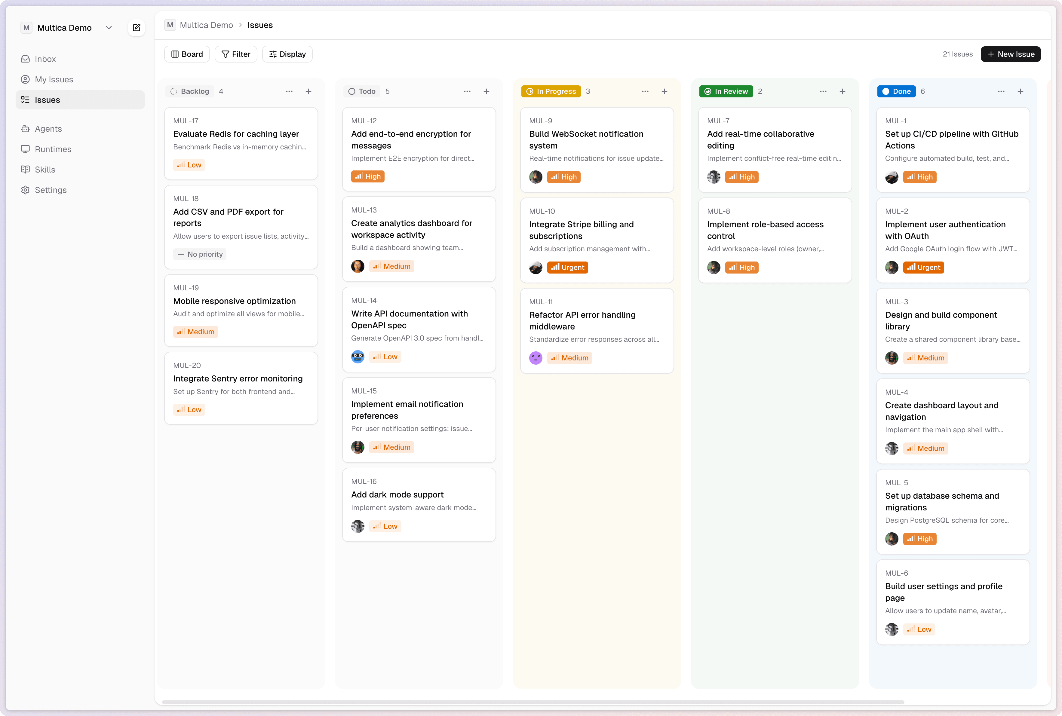 Getdeployed board view — agents handling internal workflow tasks alongside the team